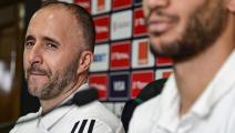 Algeria's coach Djamel Belmadi (L) and Algeria's midfielder Adlene Guedioura give a press conference at the International Cairo Stadium on July 18, 2019, on the eve of the 2019 Africa Cup of Nations (CAN) final football match between Senegal and Algeria. (Photo by JAVIER SORIANO / AFP) (Photo credit should read JAVIER SORIANO/AFP via Getty Images)