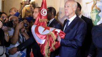 سعيّد لدى إعلان فوزه بالرئاسة في 2019، بتونس (تييري موناسيه/Getty)