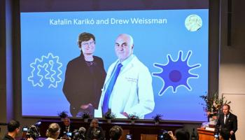 المجرية كاتالين كاريكو والأميركي درو وايسمان الفائزان بجائز نوبل للطب 2023 (جوناثان ناكستراند/ فرانس برس)